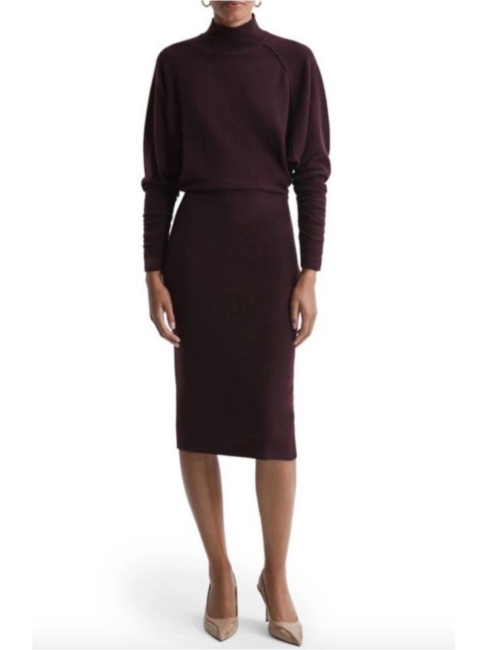 Reiss Freya Wool Cashmere Blend Mock Neck Midi Sweater Dress in Burgundy, Size M